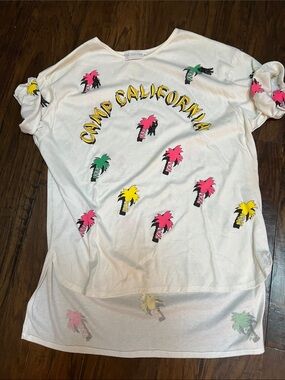 Women’s "Camp California" White Graphic Tee with Pink, Yellow & Green Palms